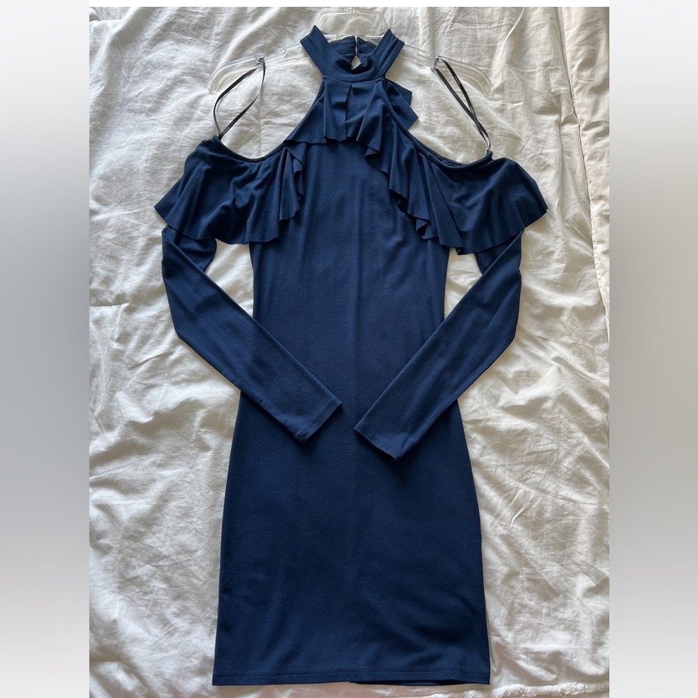 Navy blue long sleeve mini dress with cold shoulder detail